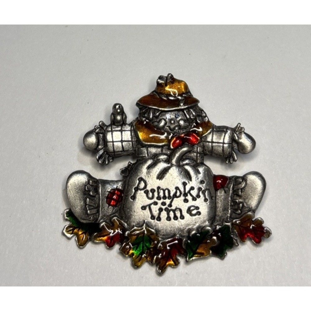 Vintage AJMC Pumpkin Time Scarecrow Brooch Enamel Pewter Fall Thanksgiving Pin